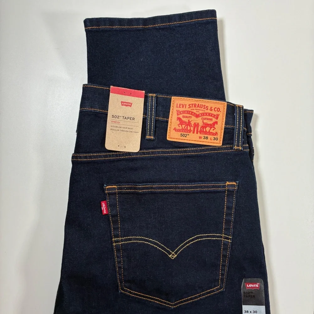 NEW Levis 502 Taper Jeans 38x30 Dark Indigo Stretch Denim USA Cowboy